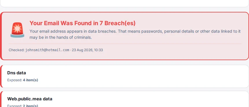 Example email breach check result