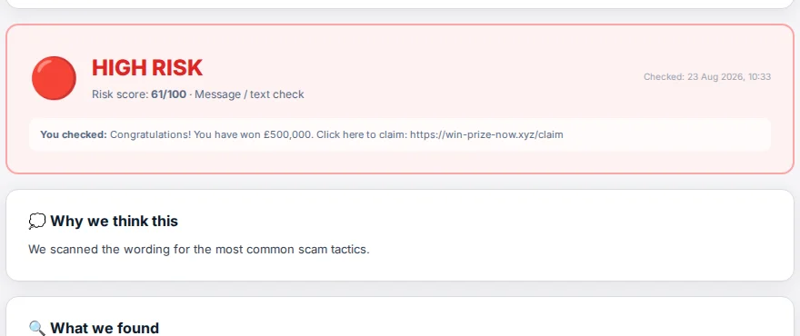 Example message check result