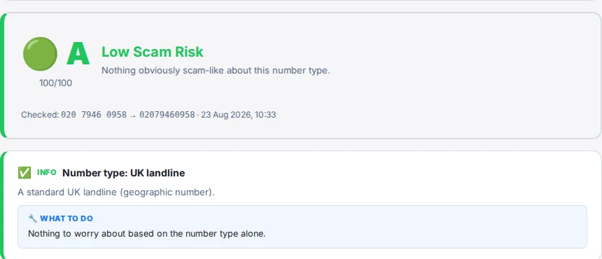 Example phone number check result