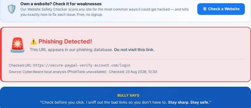 Example URL check result